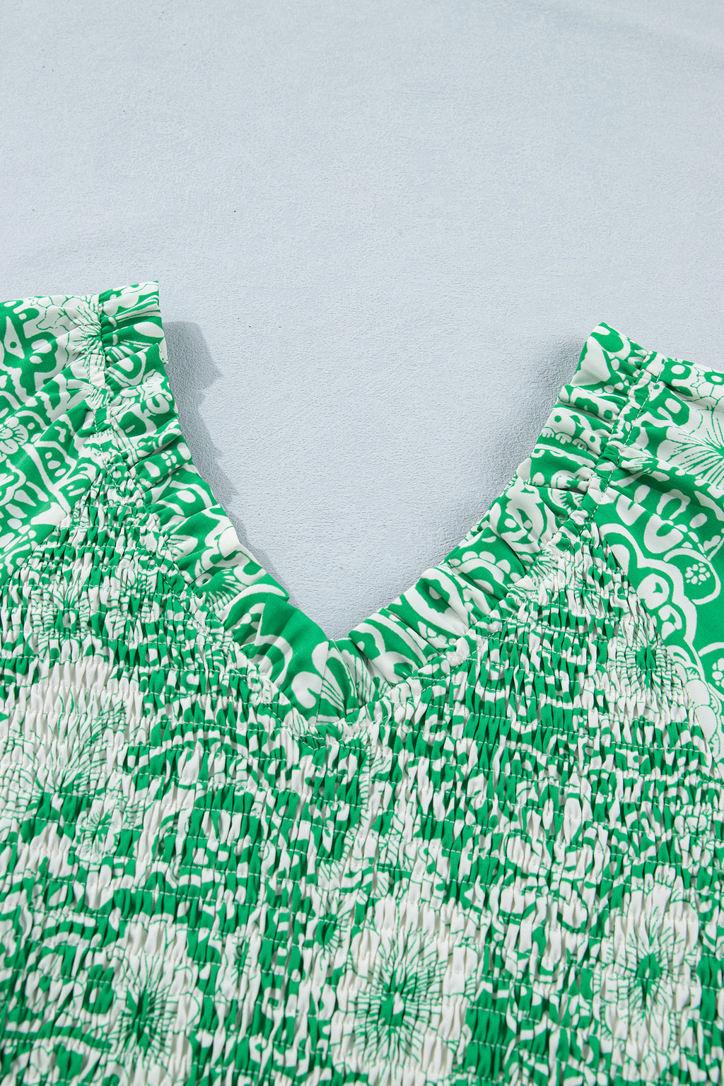 Green Flirty Floral Smocked V Neck Blouse