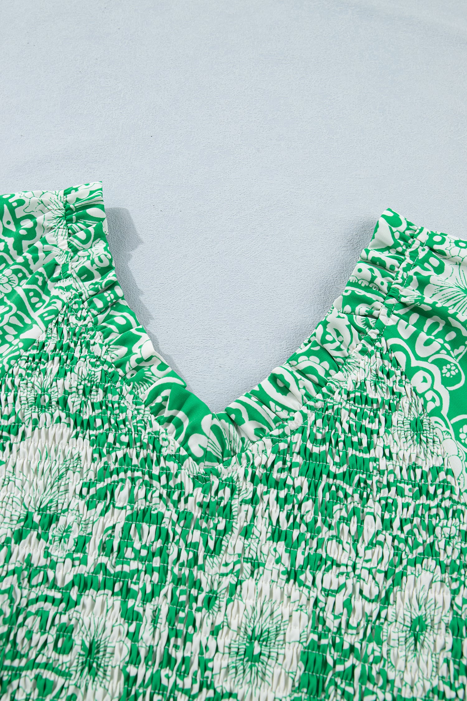 Green Flirty Floral Smocked V Neck Blouse
