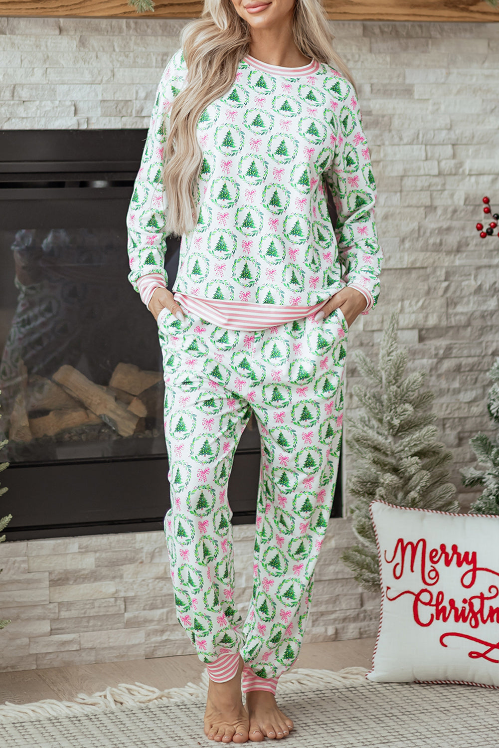 Green Bow Christmas Tree Print Contrast Striped Banding 2pcs Lounge Set