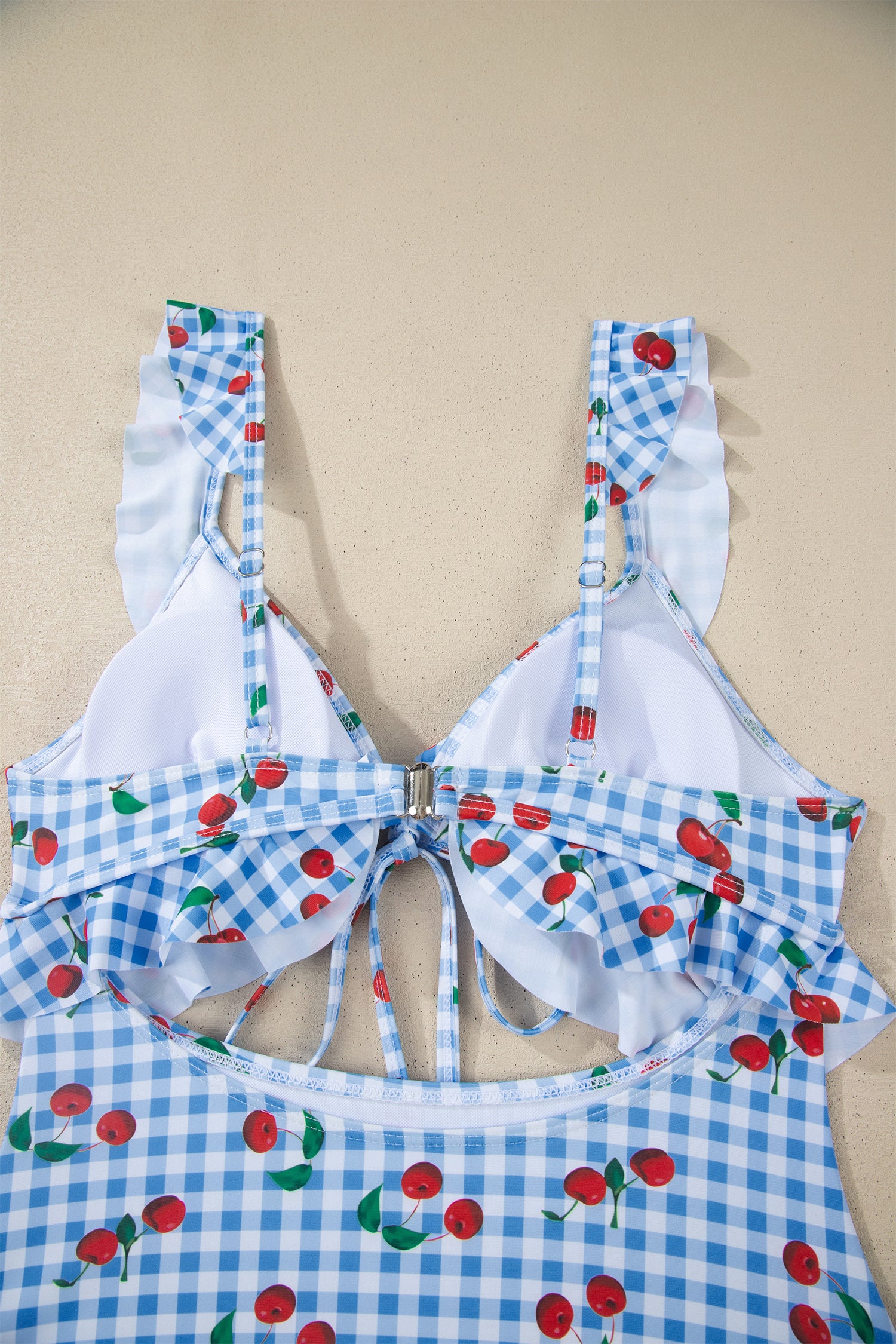 Sky Blue Plaid Cherry Print Ruffle Trim Tie Front Cutout High Waist Monokini