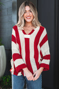 Red Stripe Colorblock V Neck Bracelet Sleeve Sweater