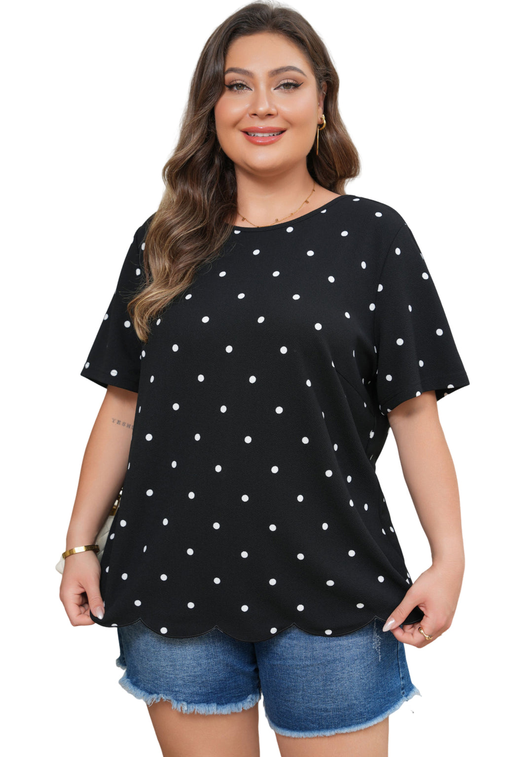 Black Plus Size Dotted Casual T Shirt