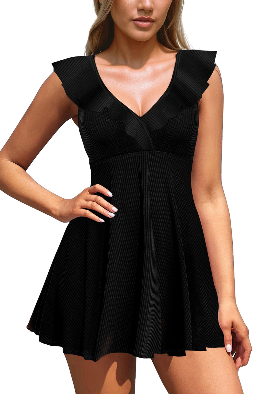 Black Textured Ruffle Trim V Neck Sleeveless One Piece Flared Swimdress