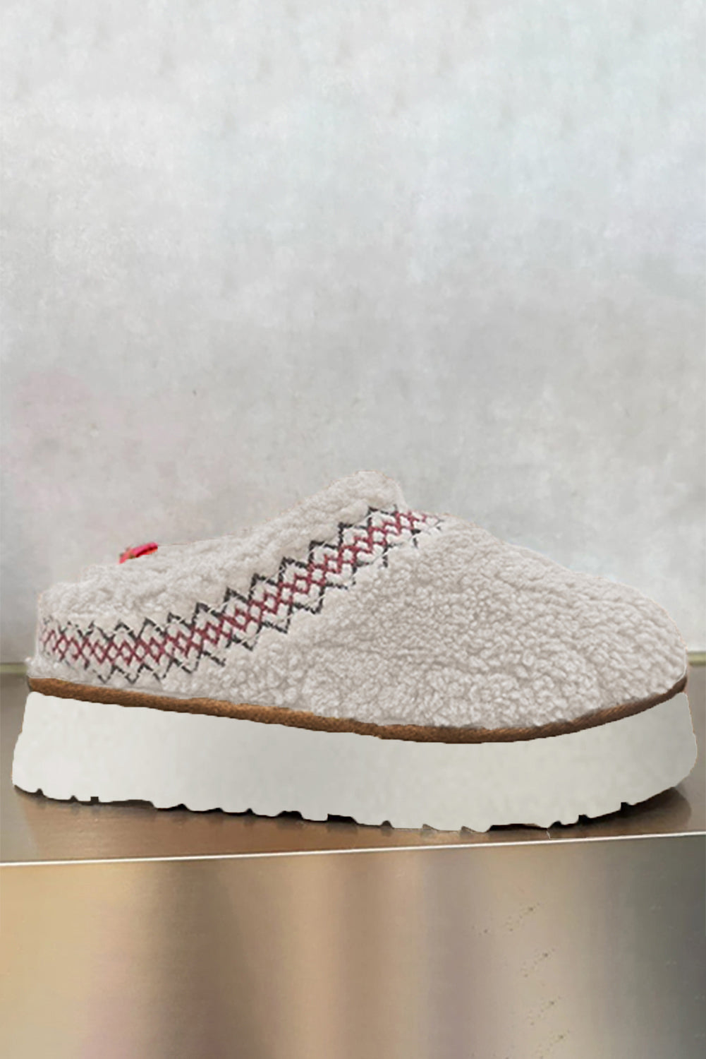 White Soft Plush Embroidered Detail Flat Platform Slippers