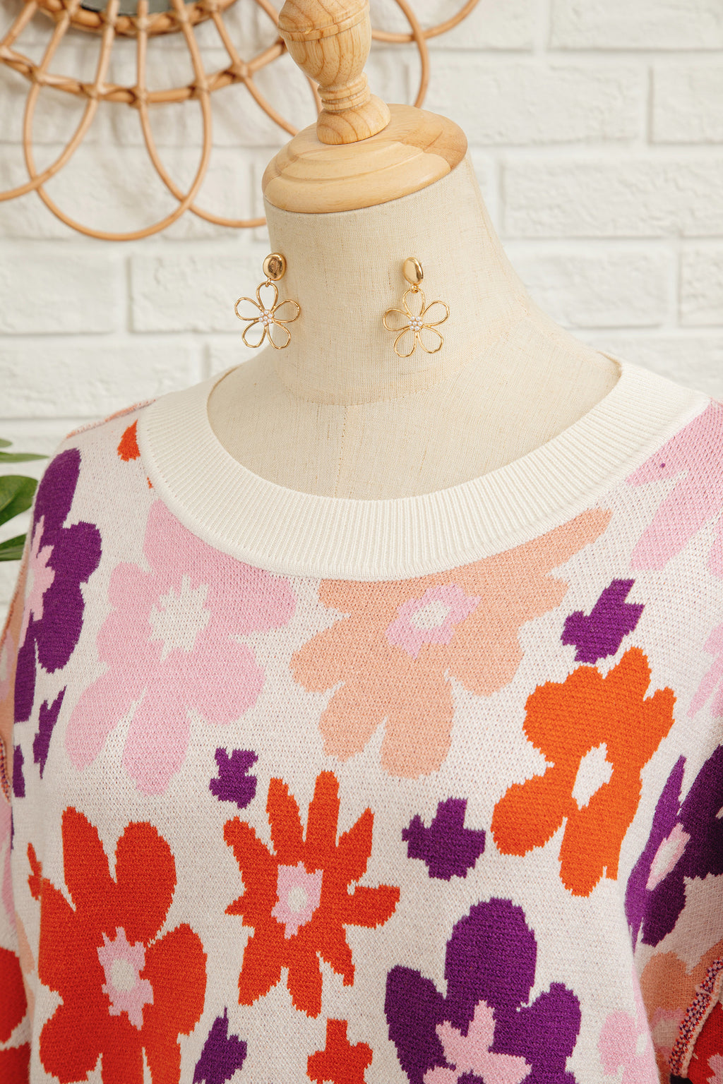 Khaki Fall Floral Pattern Drop Shoulder Sweater