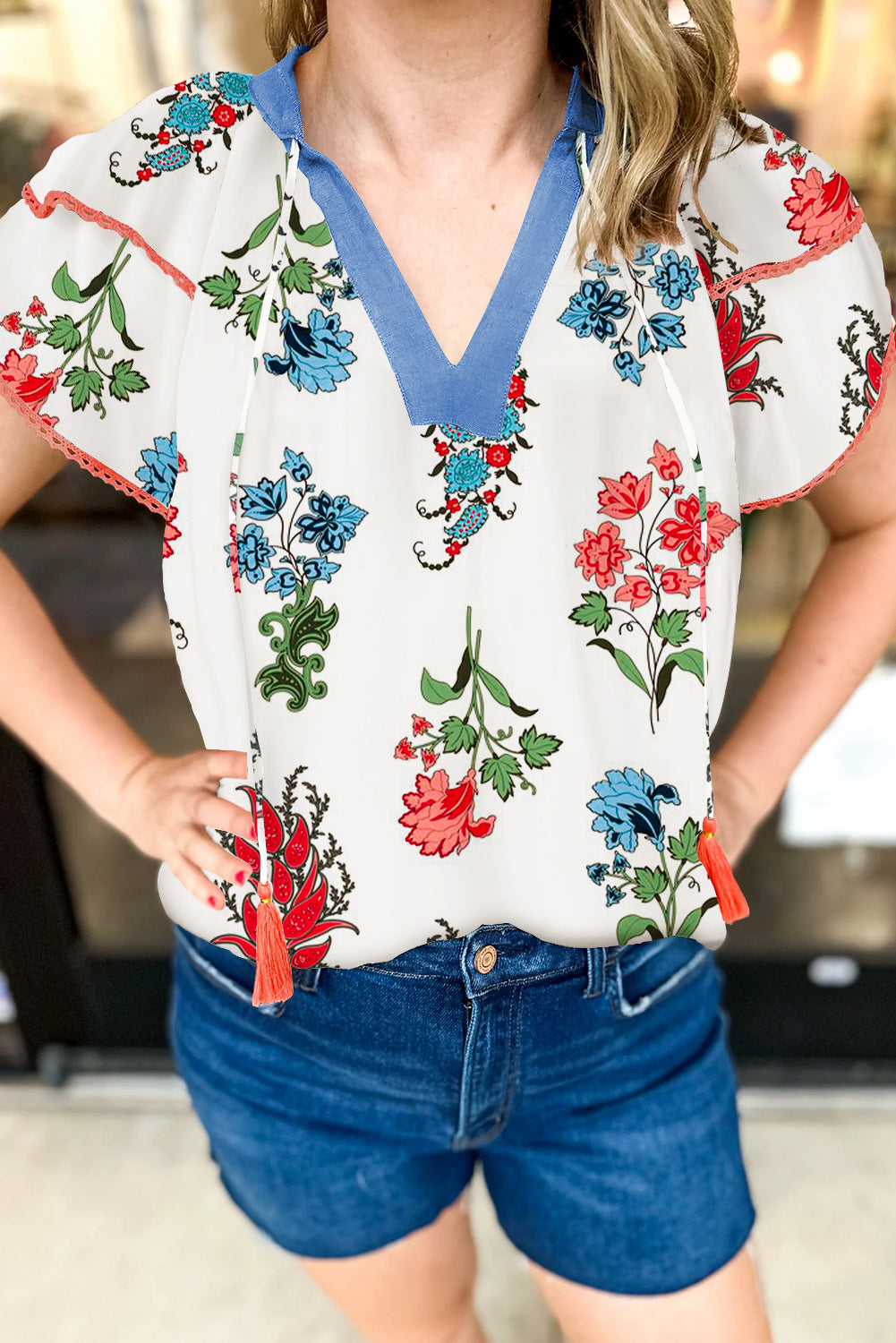 White Floral Print Contrast V Neck Tassel Tie Lace Detail Short Sleeve Blouse