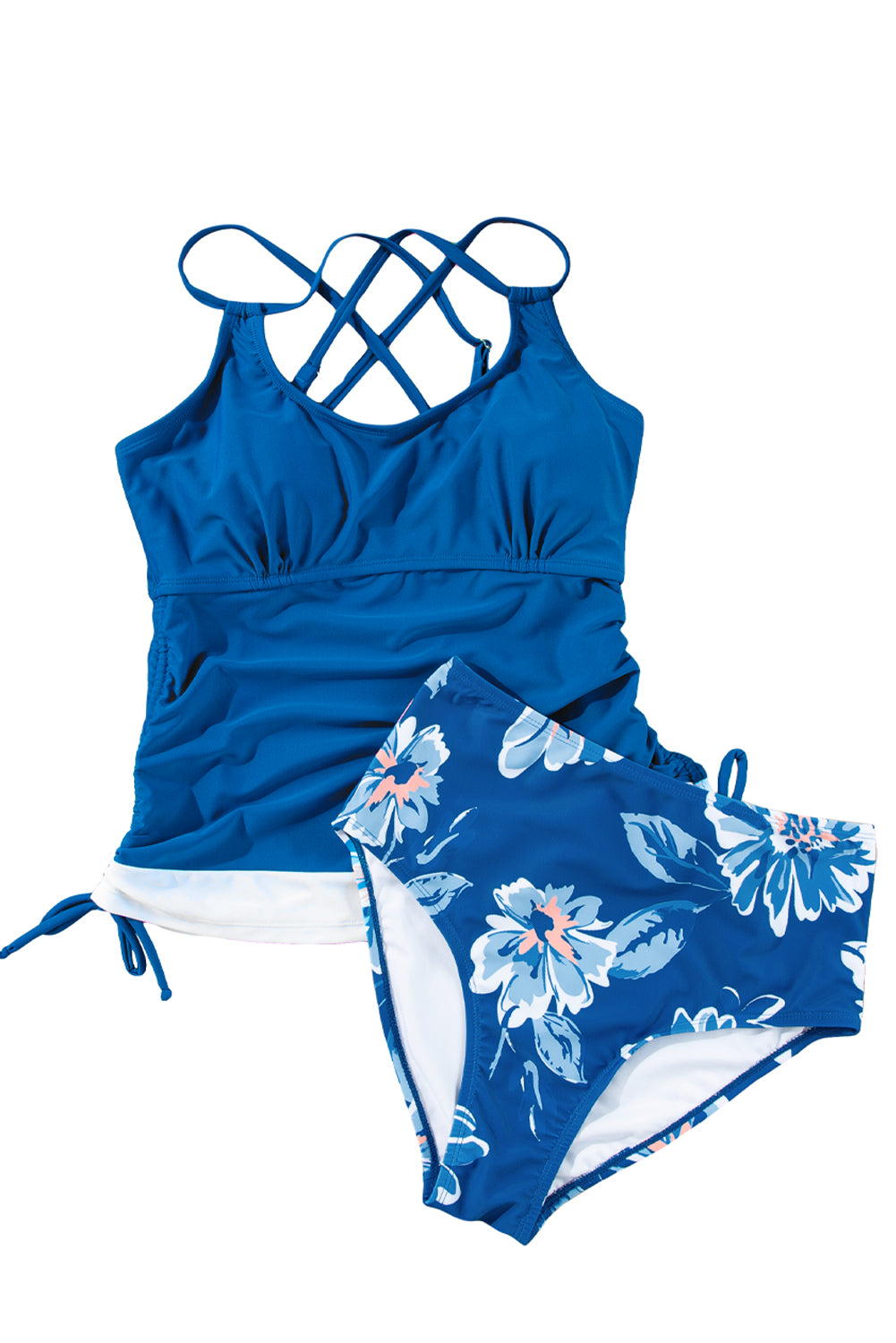Prussian Blue Drawstring Tummy Control Mix-and-match 2pcs Tankini Swimsuit