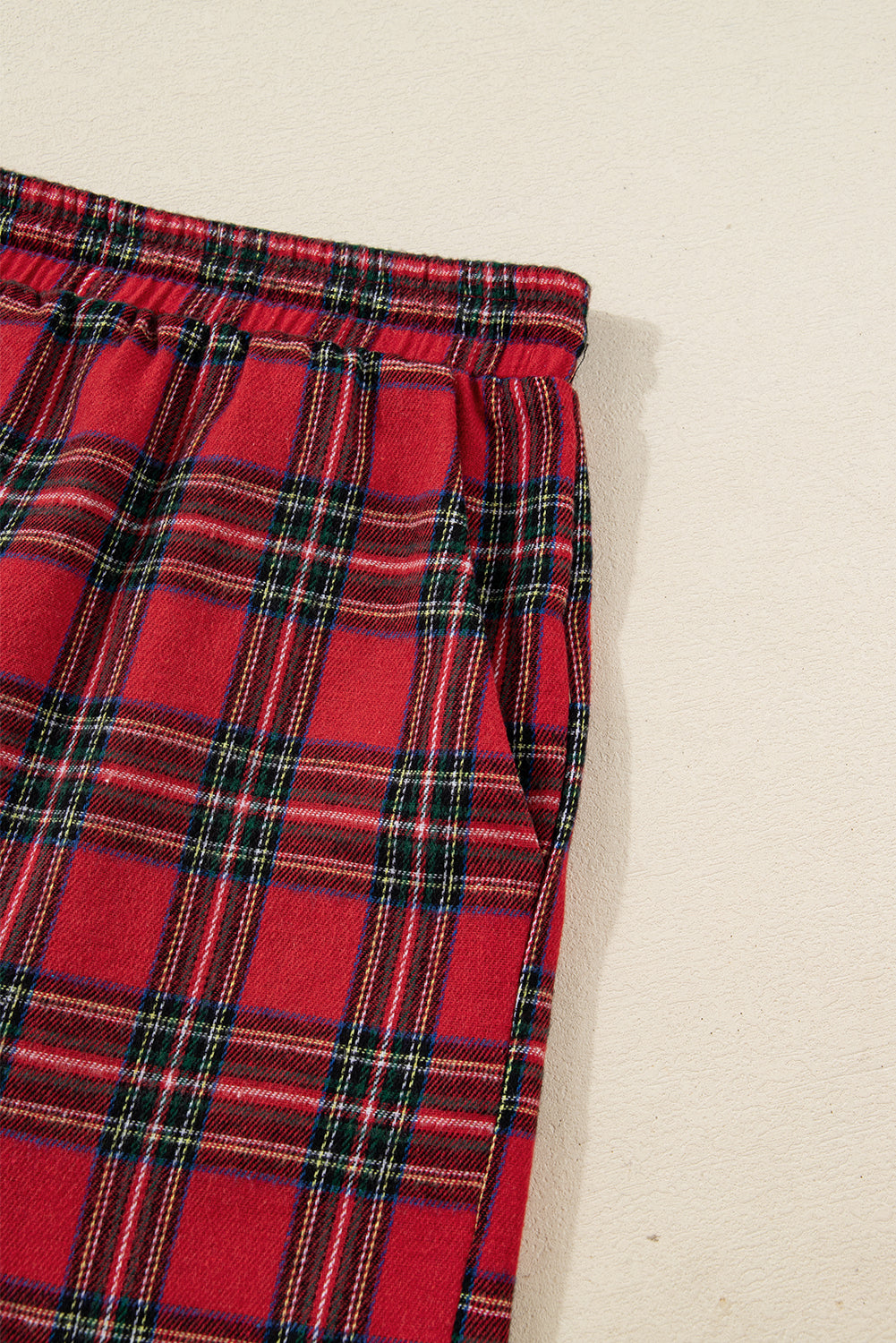 Red Plus Size Plaid Contrast Patchwork Long Sleeve Shirt and Shorts 2pcs Pajama Set