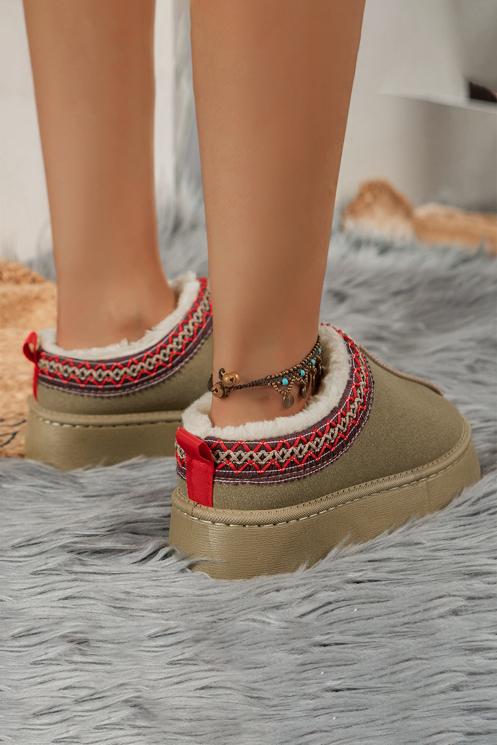 Sage Green Faux Suede Embroidered Detail Plush Lined Platform Slippers