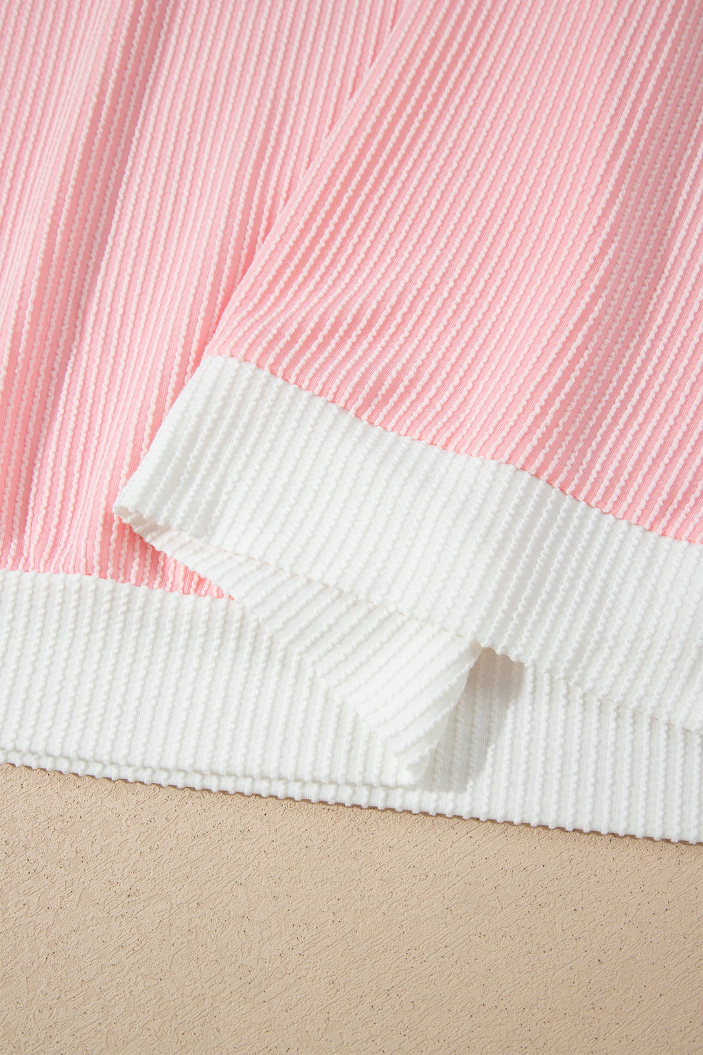 Pink Ribbed Knit Colorblock Long Sleeve Round Neck Plus Size Blouse