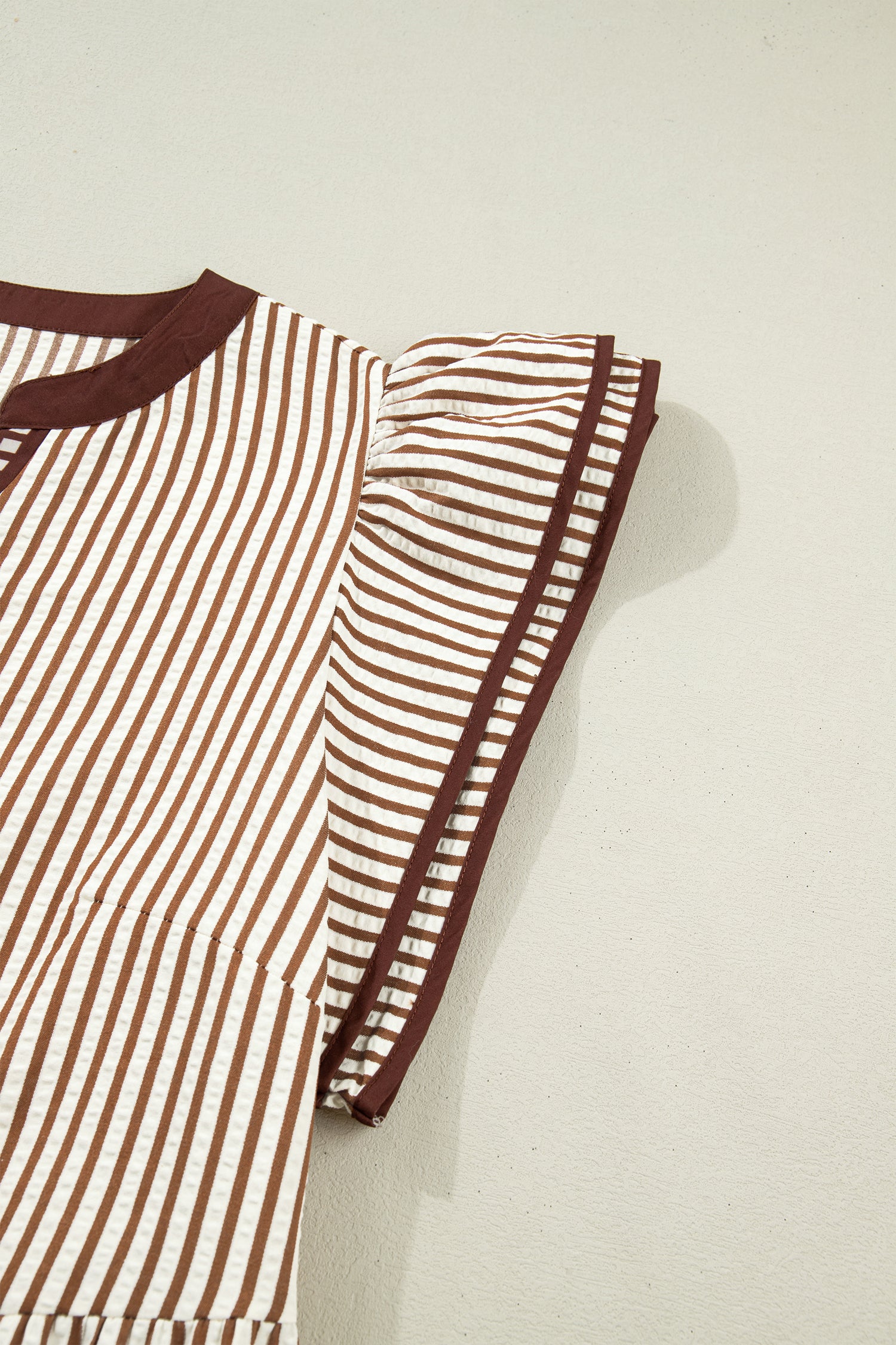 Brown Stripe Plus Size Slit V Neck Tiered Flutter Sleeve Maxi Dress