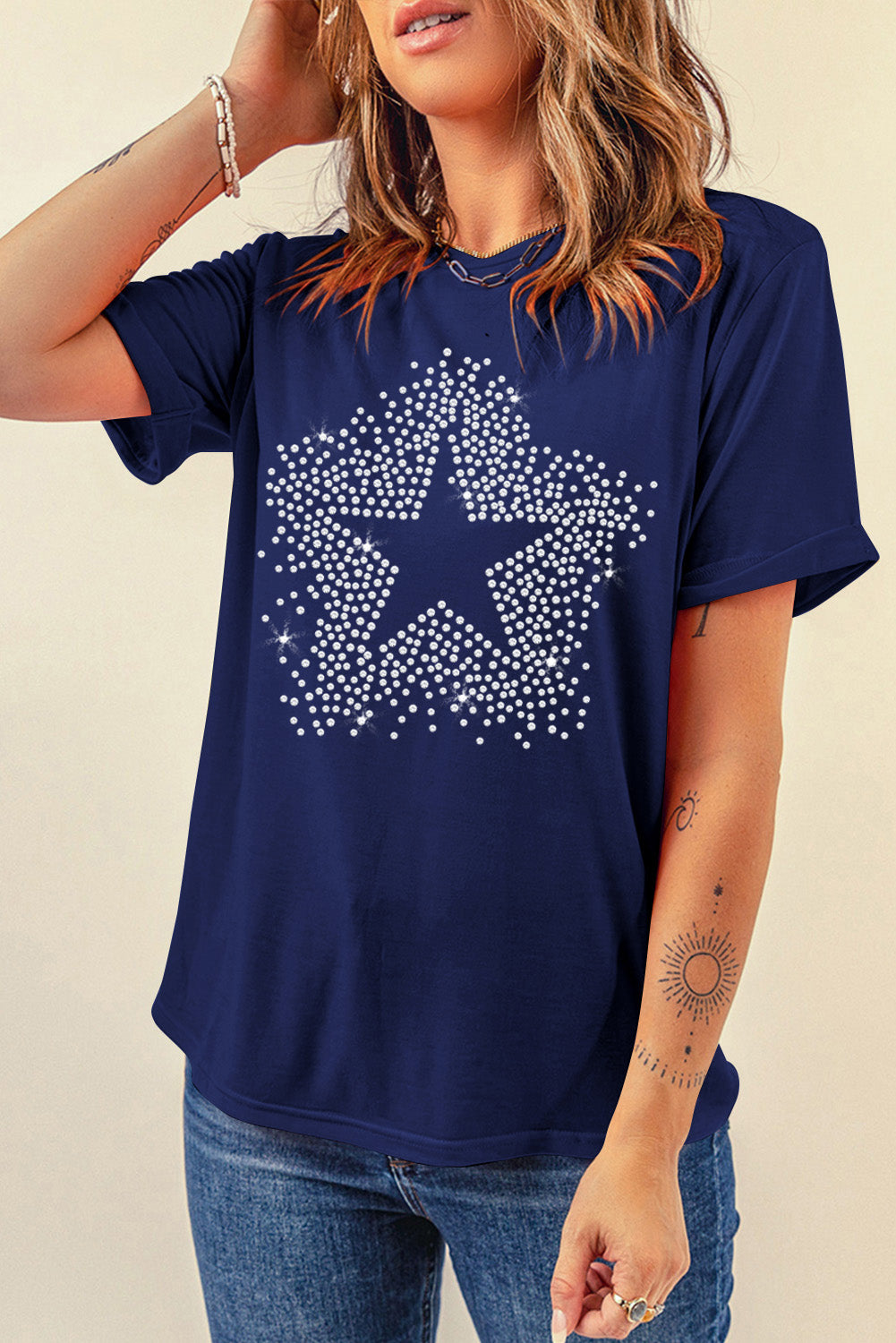 Blue Rhinestone Star Graphic Crewneck T Shirt