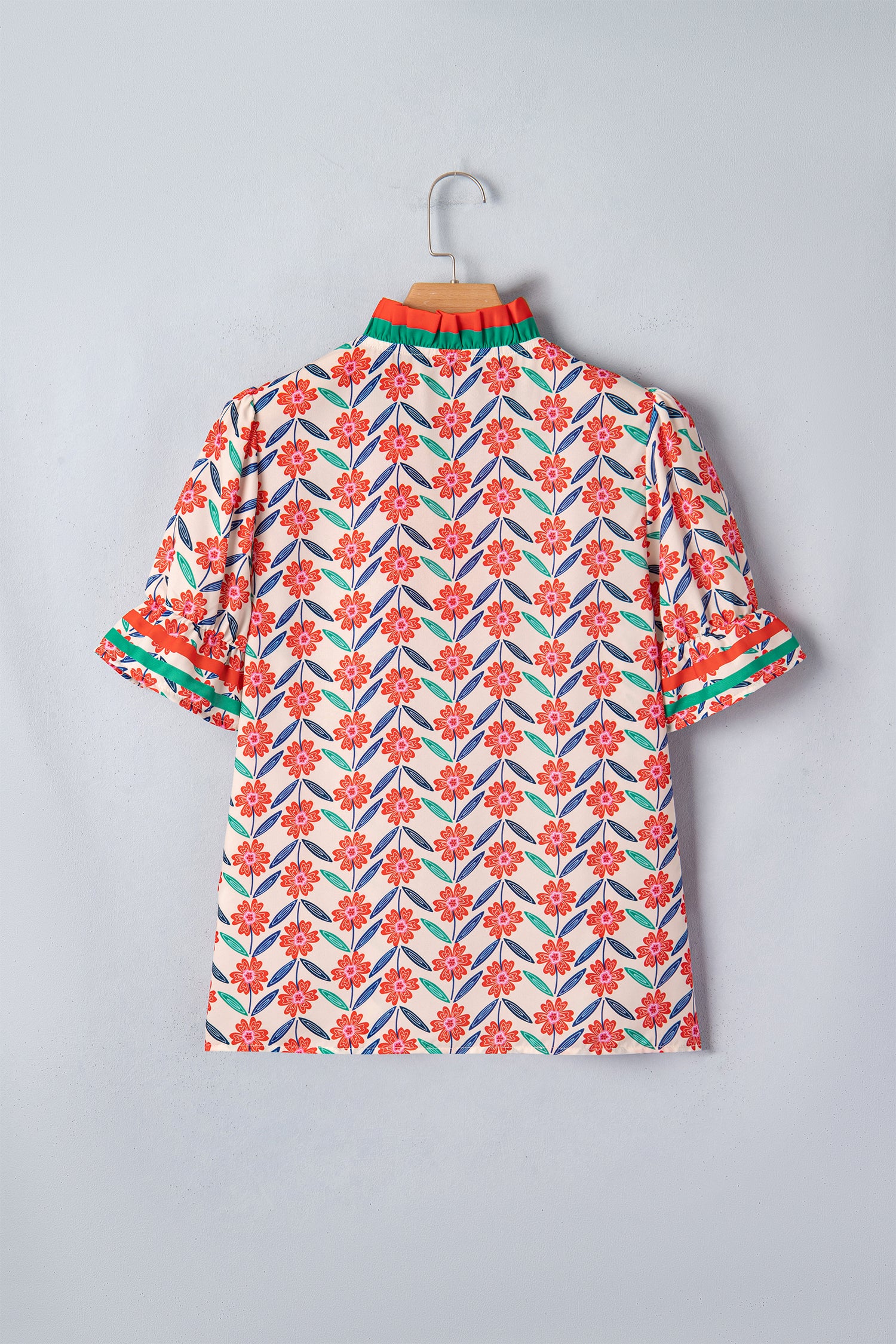 Red Floral Print Striped Detail V Neck Ruffled Short Sleeve Blouse