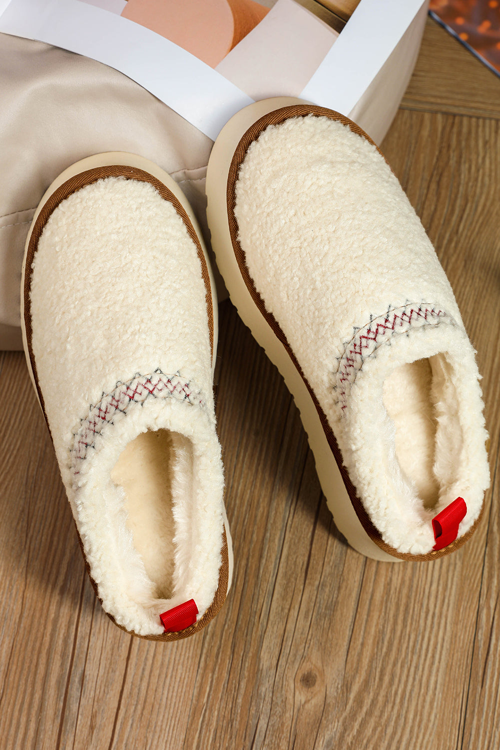 White Soft Plush Embroidered Detail Flat Platform Slippers