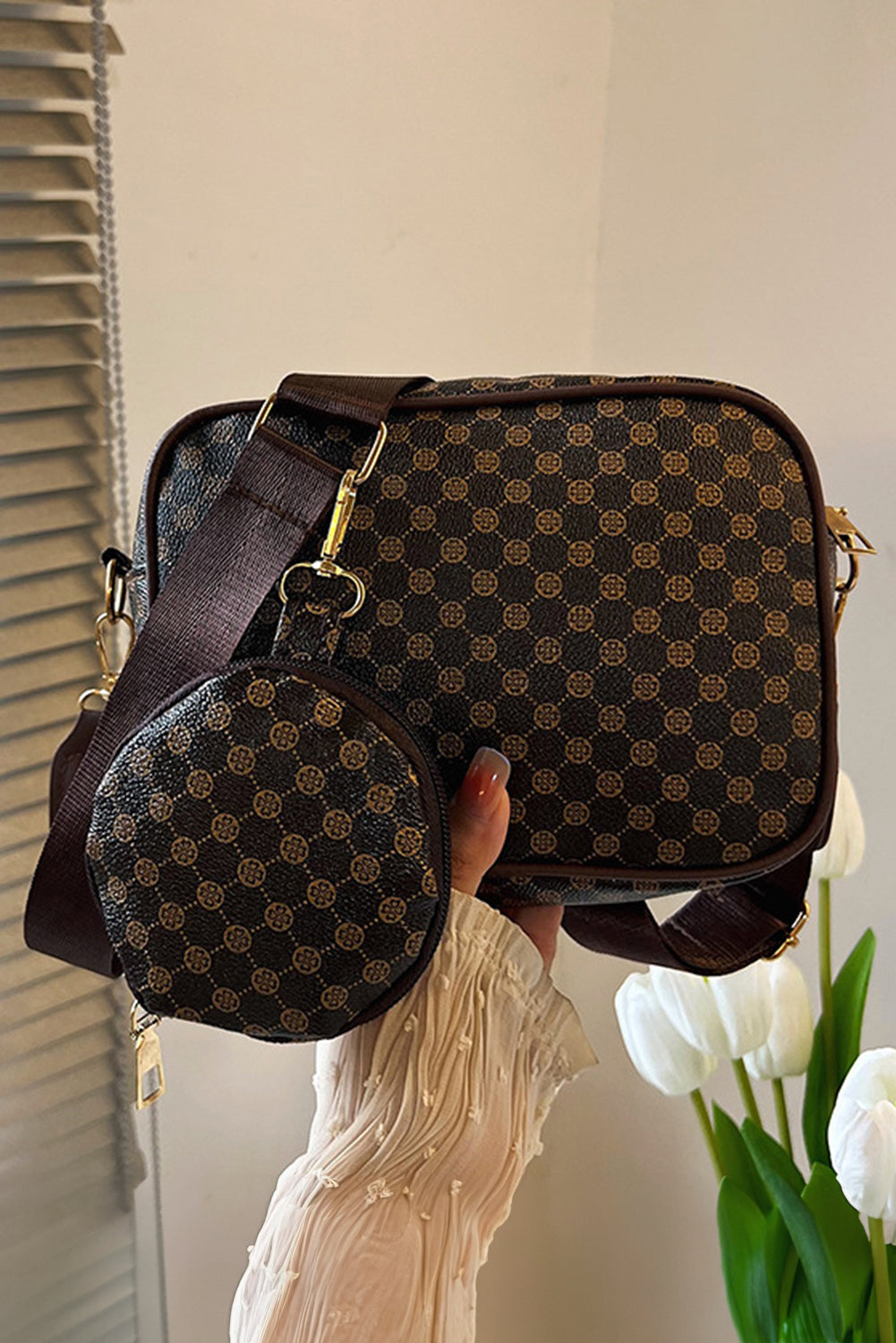 Coffee PU Leather Geometric Pattern Adjustable Strap Shoulder Bag with Wallet