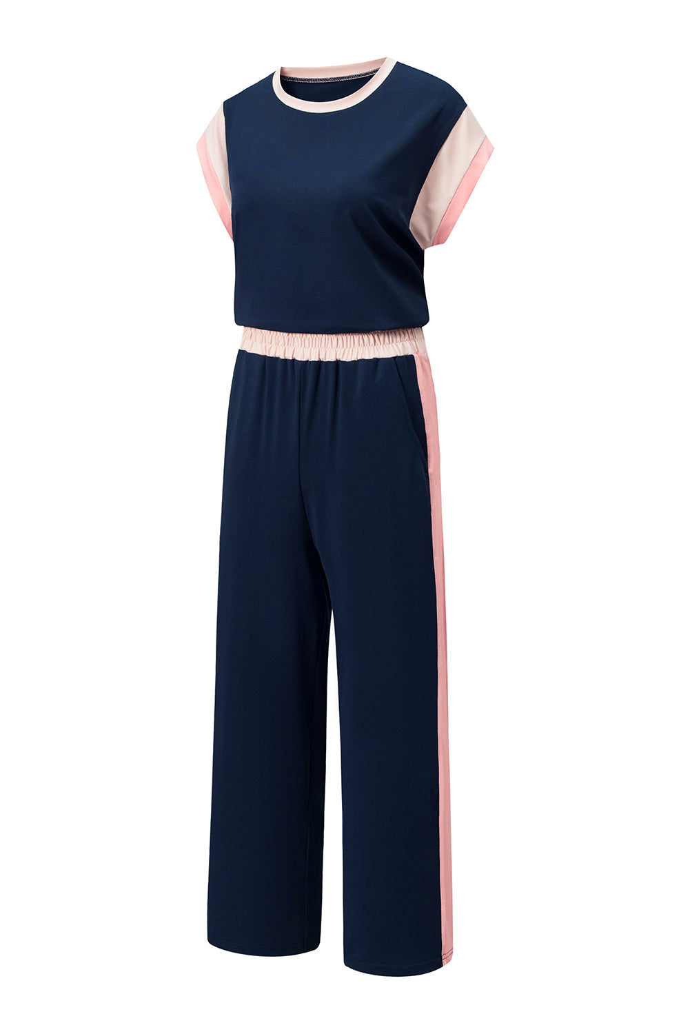 Navy Blue Color Block Detail Casual Two-piece Set