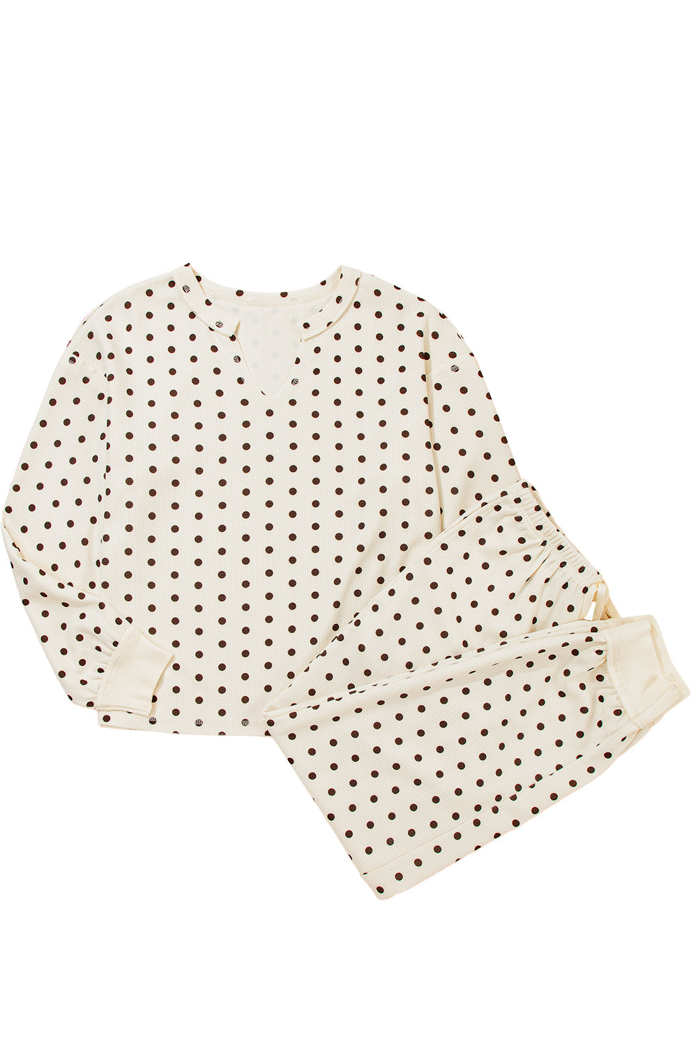White Polka Dot Print Notched Neck Long Sleeve Top Drawstring Jogger Pants Waffle Knit Lounge Set
