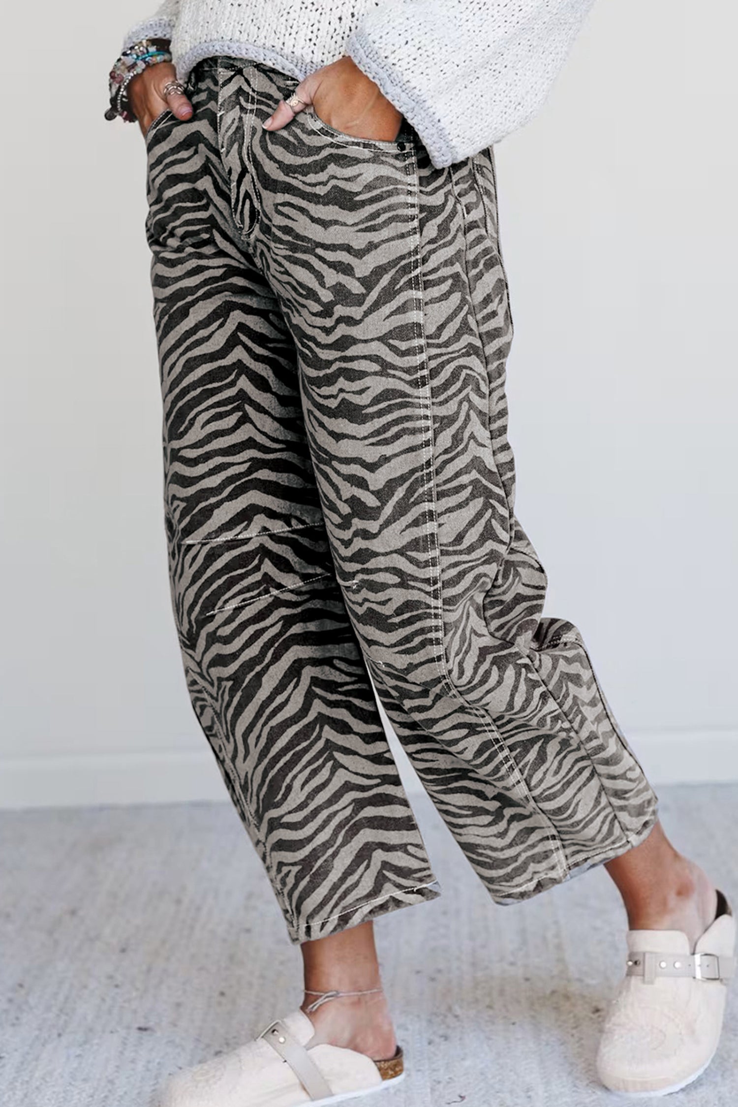 Gray Zebra Stripe Printed Wide Leg Barrel Jeans