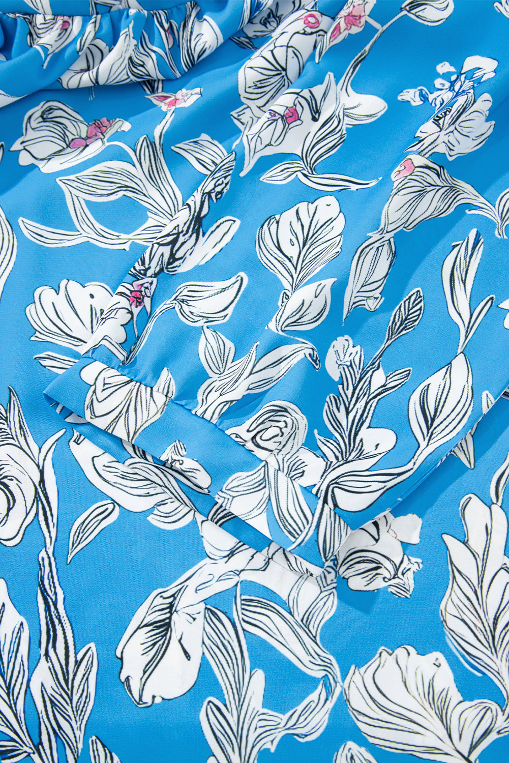 Sky Blue V Neck Floral Print 3/4 Puff Sleeve Blouse