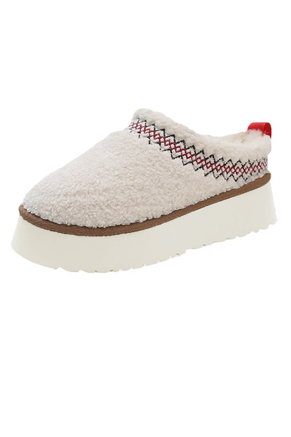 White Soft Plush Embroidered Detail Flat Platform Slippers