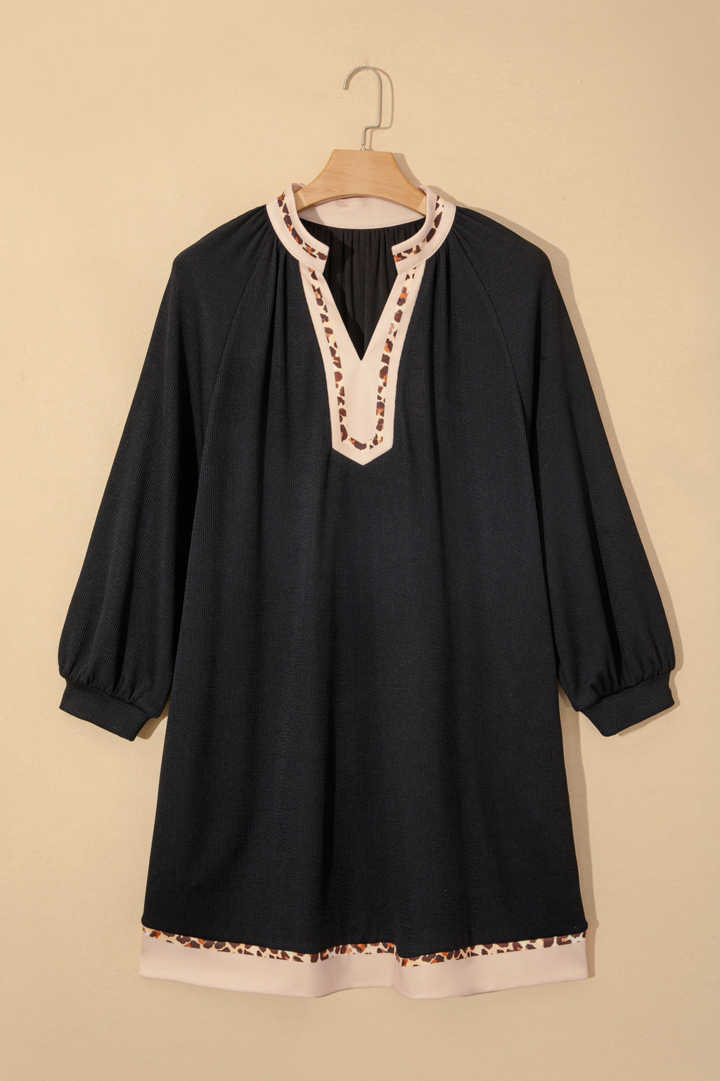Black Contrast Color Block Leopard Trim Plus Size Ribbed Dress