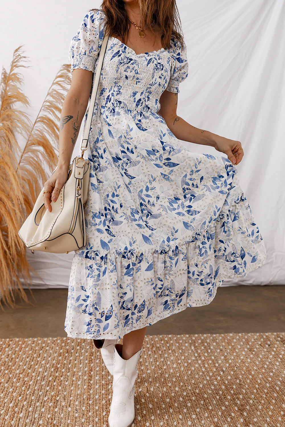 Sky Blue Smocked Bodice Short Puff Sleeve Tiered Floral Midi Dress