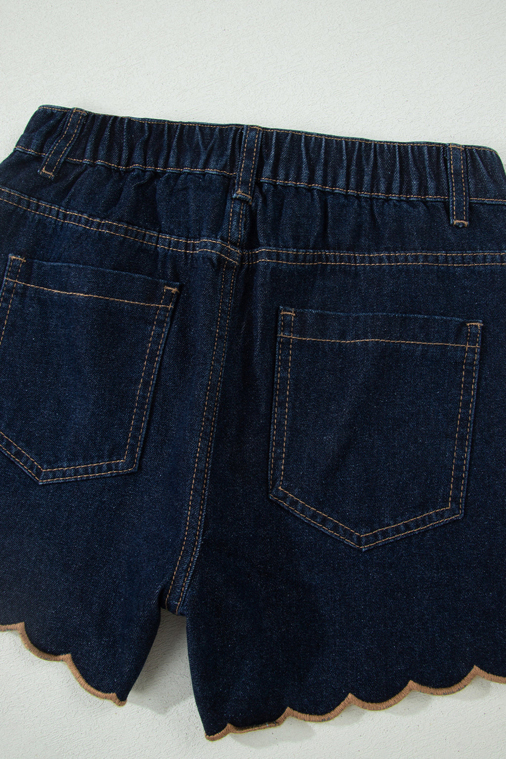 Navy Blue Embroidered Scalloped Trim Relaxed Denim Shorts