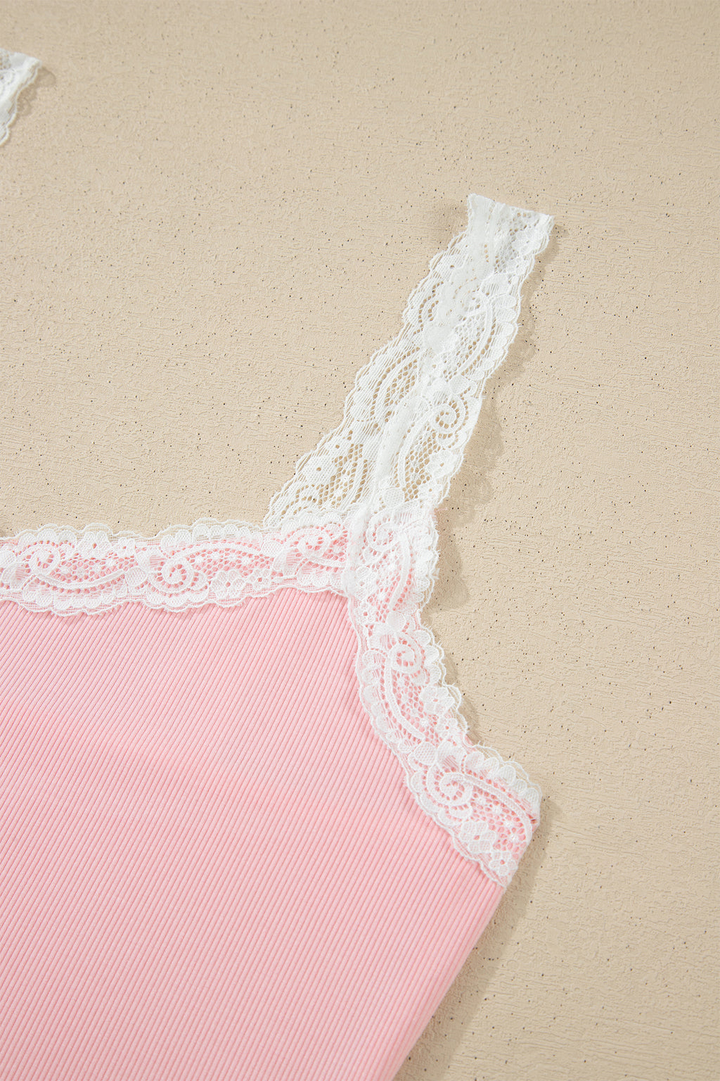 Pink Ribbed Knit Lace Straps Patchwork Lettuce Hem Cropped Top Floral Short Lounge Set
