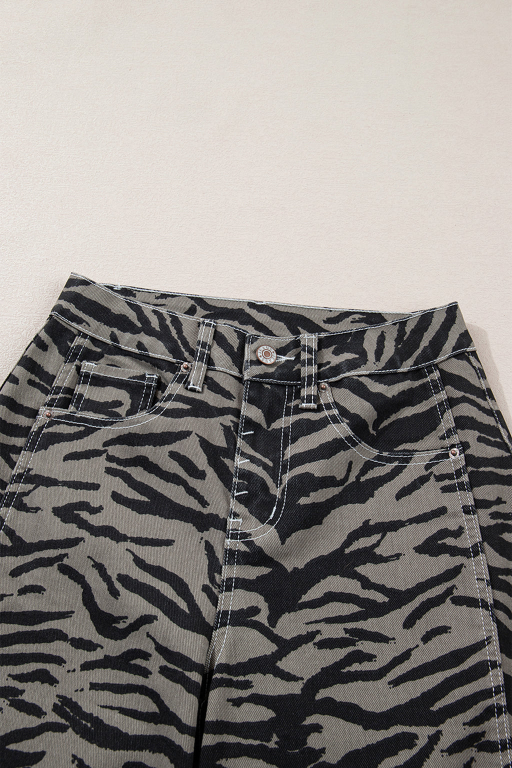 Gray Zebra Stripe Printed Wide Leg Barrel Jeans