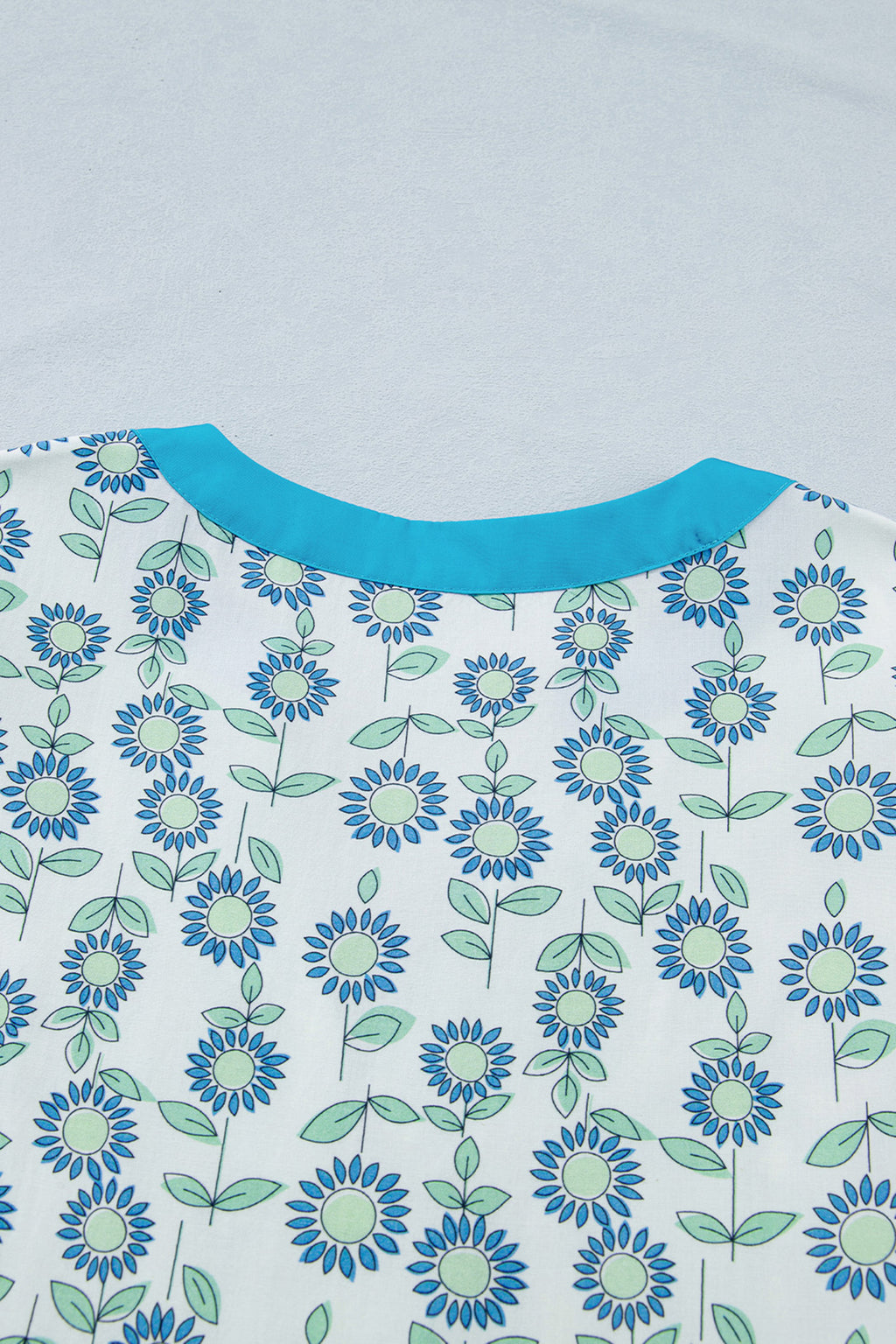 Sky Blue Cute Sunflower Printed Striped Patchwork Trim Flutter Sleeve Long Dress