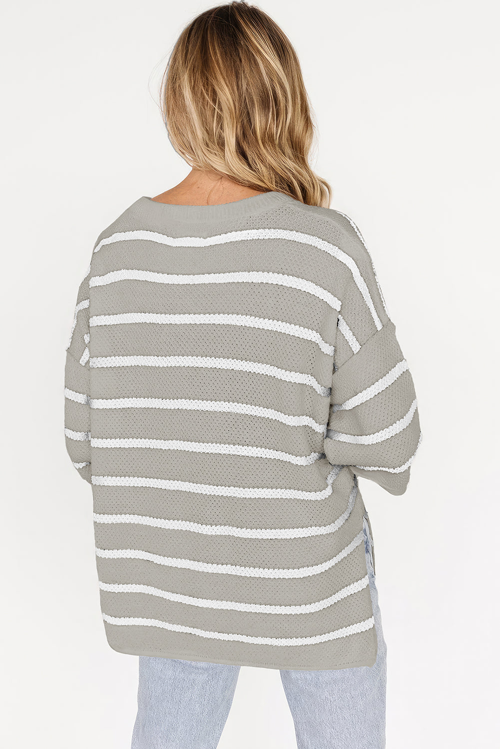 Gray Stripe Henley Buttoned Placket Drop Shoulder Bracelet Sleeve Knit Sweater Tee
