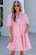 Pink Polka Dot Print V Neck Short Sleeve Tiered Mini Dress
