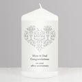 Personalised Silver Damask Heart Pillar Candle