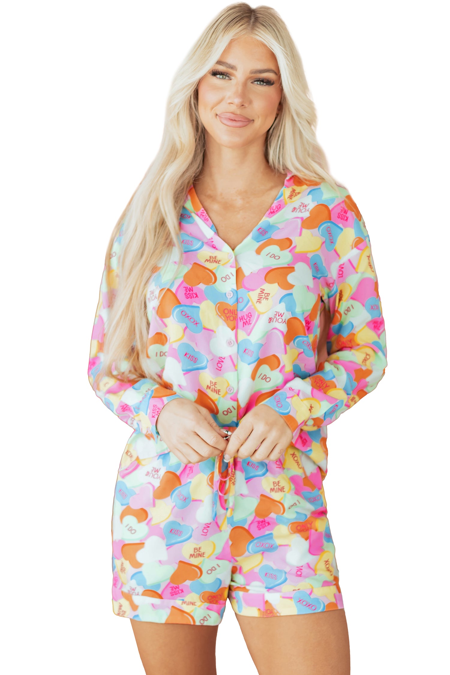 Pink Valentines Candy Heart V Neck Collared Tunic Shirt and Shorts 2pcs Pajama Set