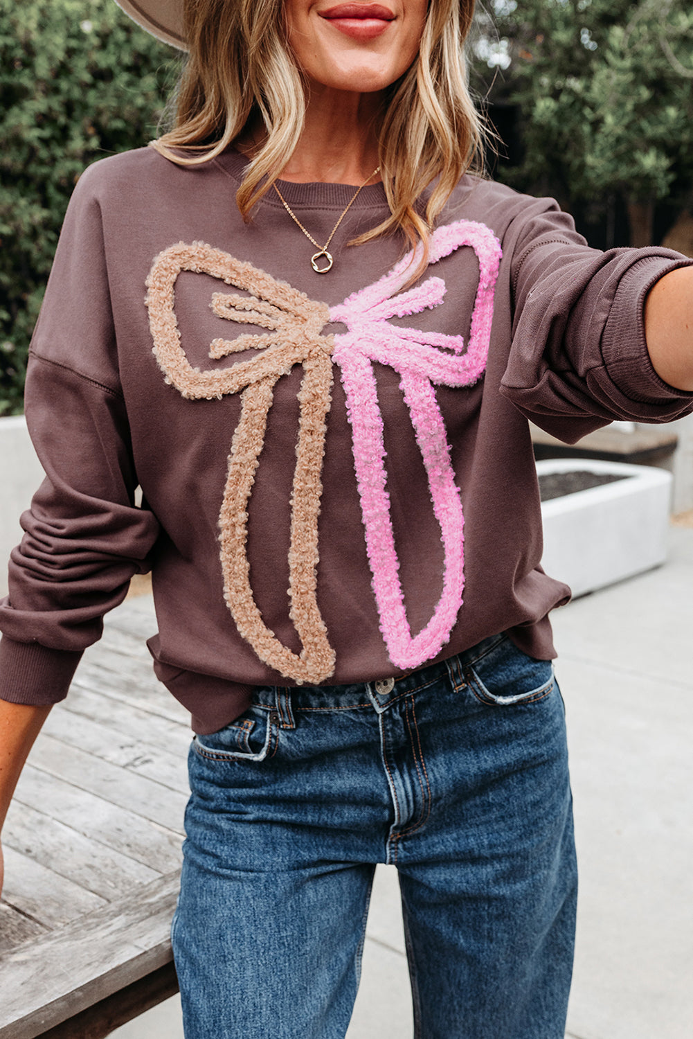 Dark Khaki Contrast Terry Bow Pattern Drop Shoulder Sweatshirt
