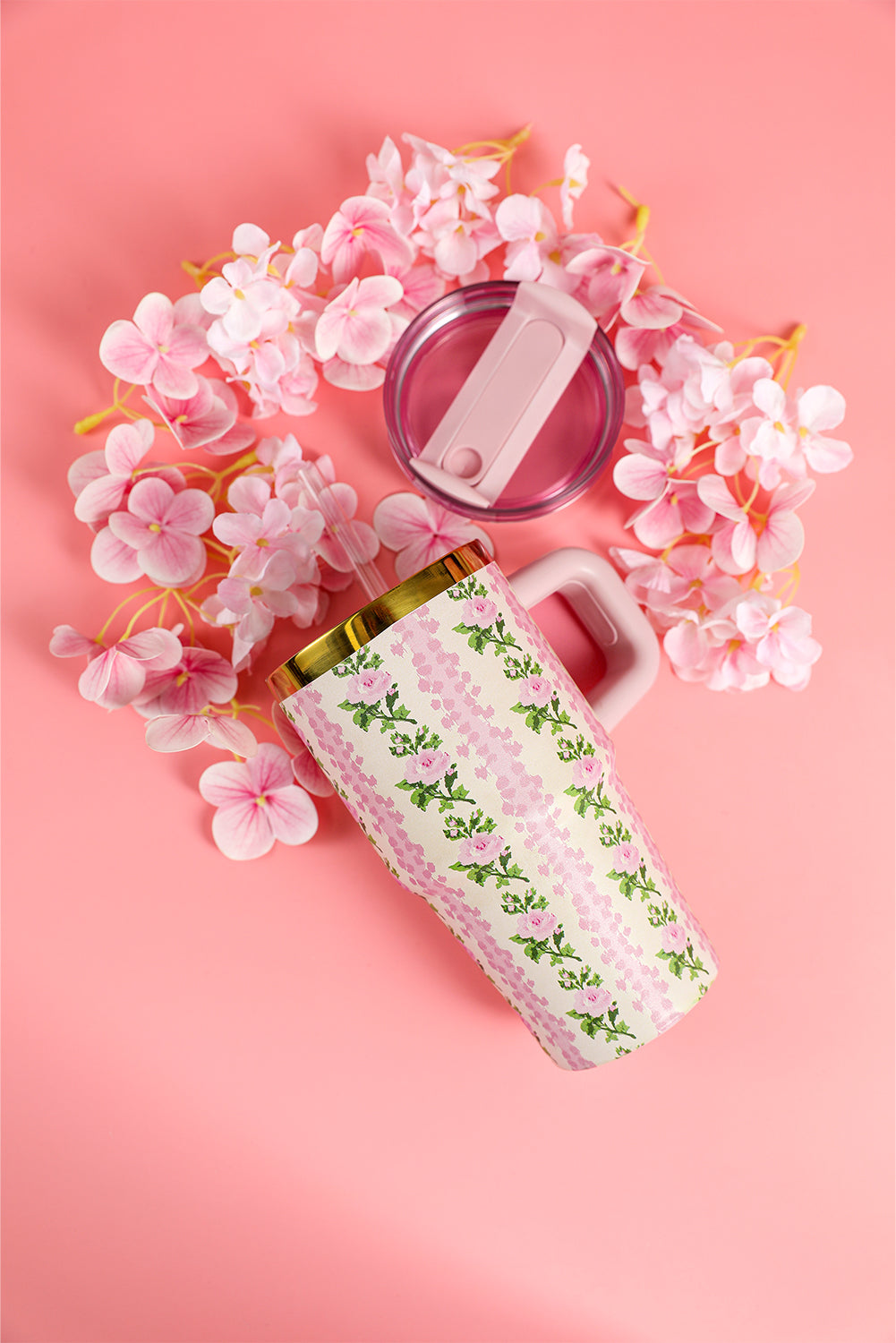 Pink 14/20 OZ Dainty Floral Print Stainless Steel Tumbler with Straw