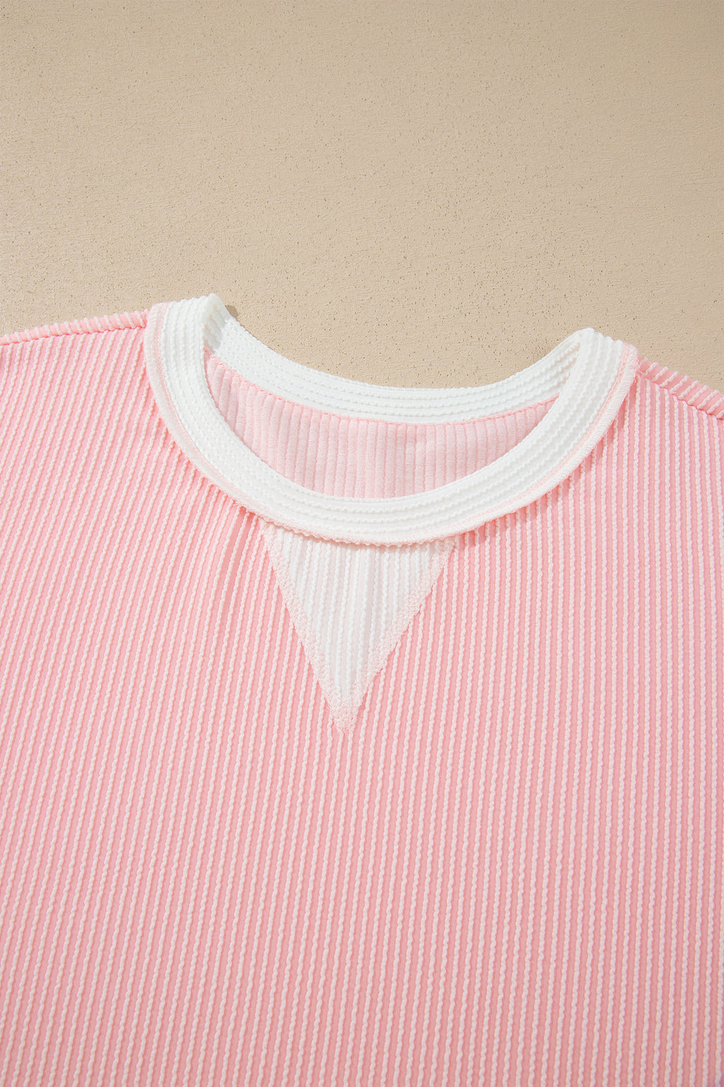 Pink Ribbed Knit Colorblock Long Sleeve Round Neck Plus Size Blouse