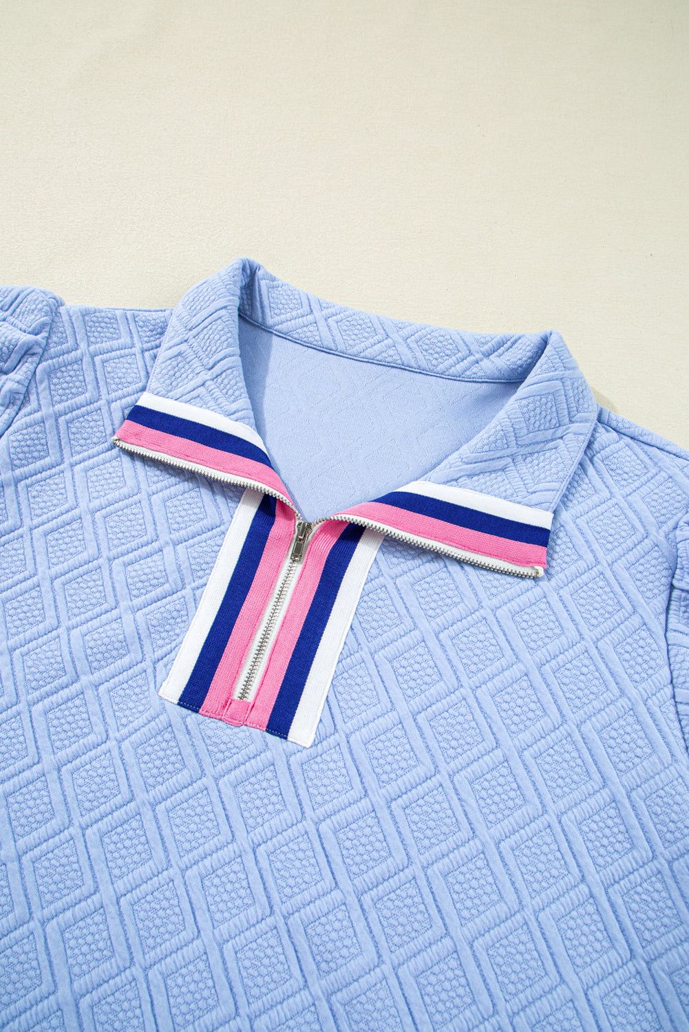 Beau Blue Contrast Striped Trim Zipped Stand Collar Textured Puff Sleeve Plus Size T Shirt Dress