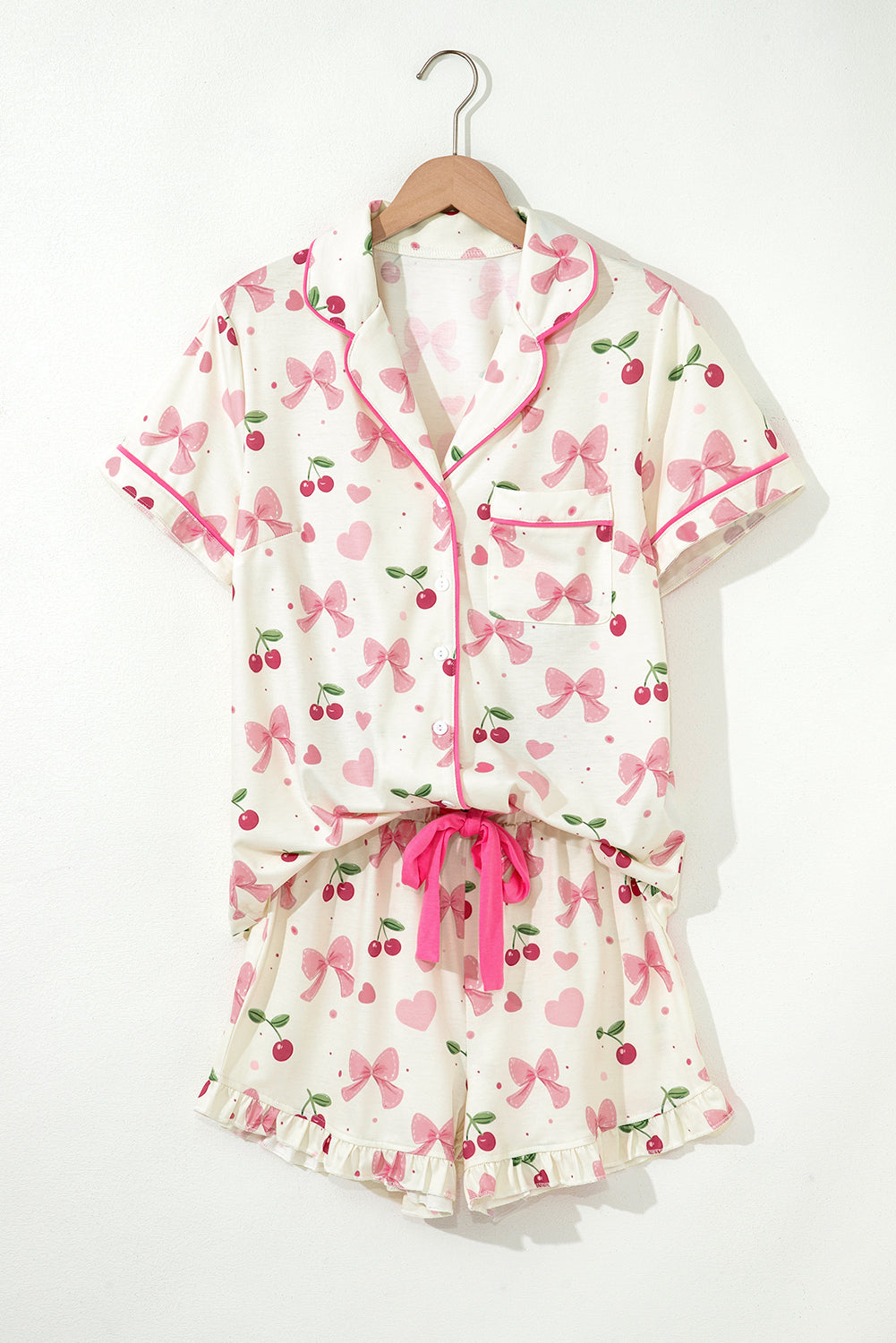 Beige Bow Fruit Print Contrast Pipping Short Pajamas Set