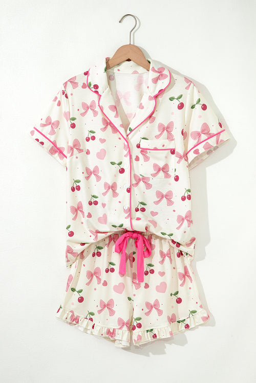 Beige Bow Fruit Print Contrast Pipping Short Pajamas Set