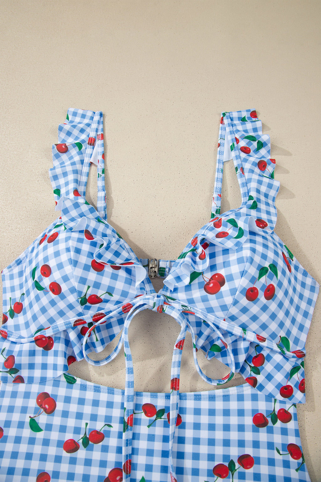 Sky Blue Plaid Cherry Print Ruffle Trim Tie Front Cutout High Waist Monokini