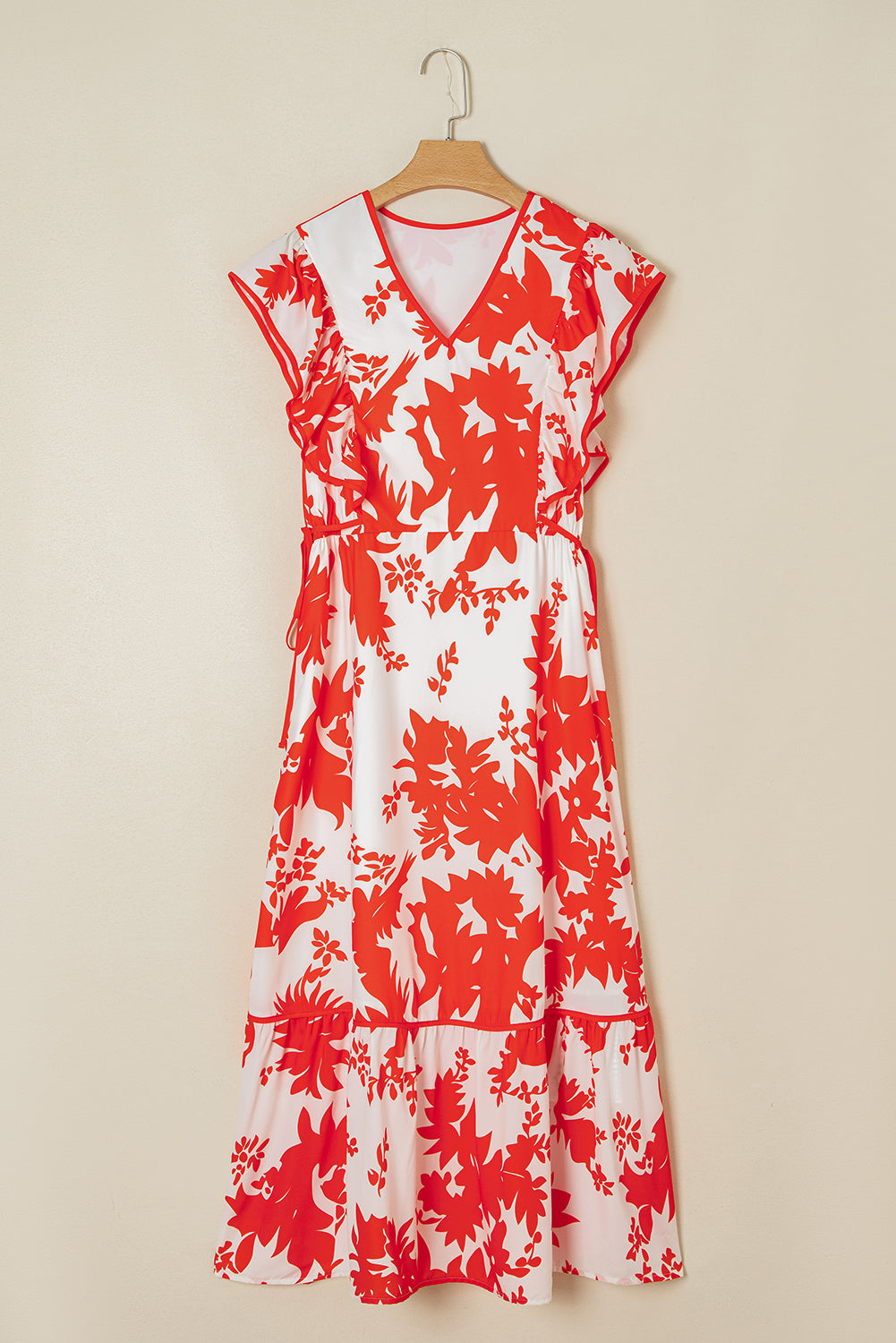 Red Floral Print Trimmed V Neck Ruffle Sleeve Long Dress