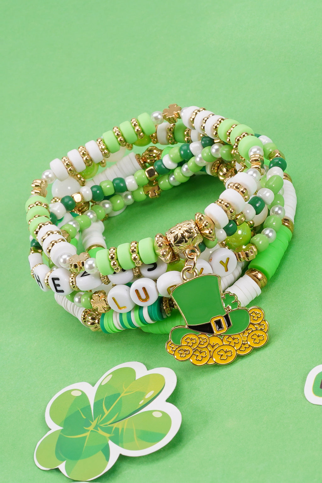 Green LUCKY CHEERS St Patricks Day Multilayered 6pcs Bracelet Set