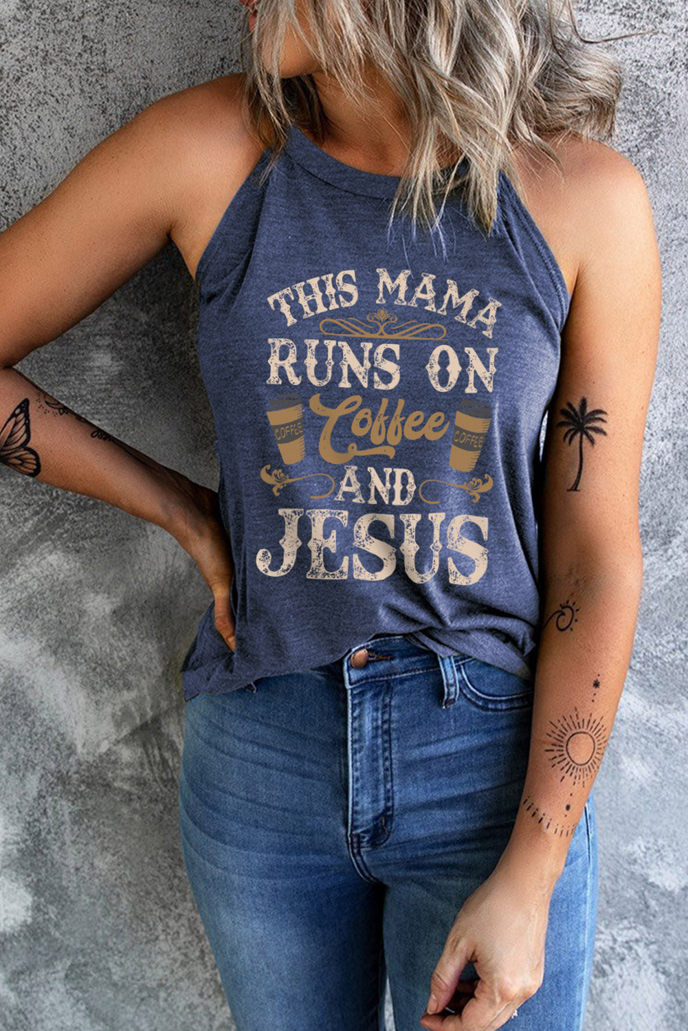 Blue THIS MAMA RUNS ON COFFEE AND JESUS Tank Top