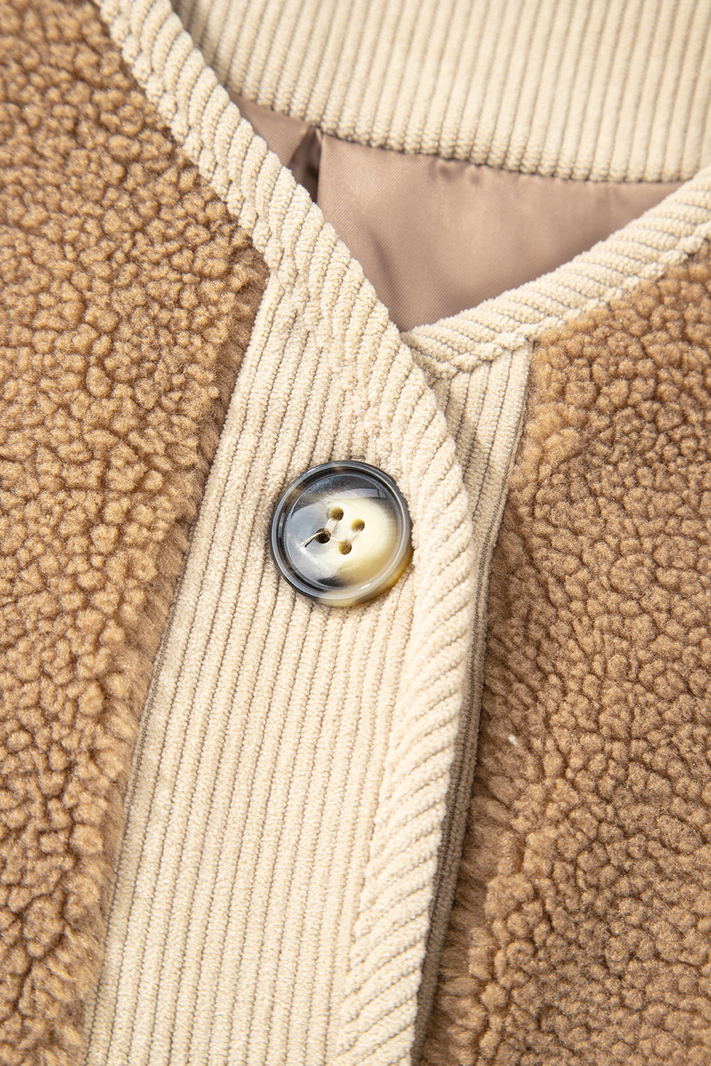 Light French Beige Puffy Plush Corduroy Edge Patchwork Jacket with Big Pockets