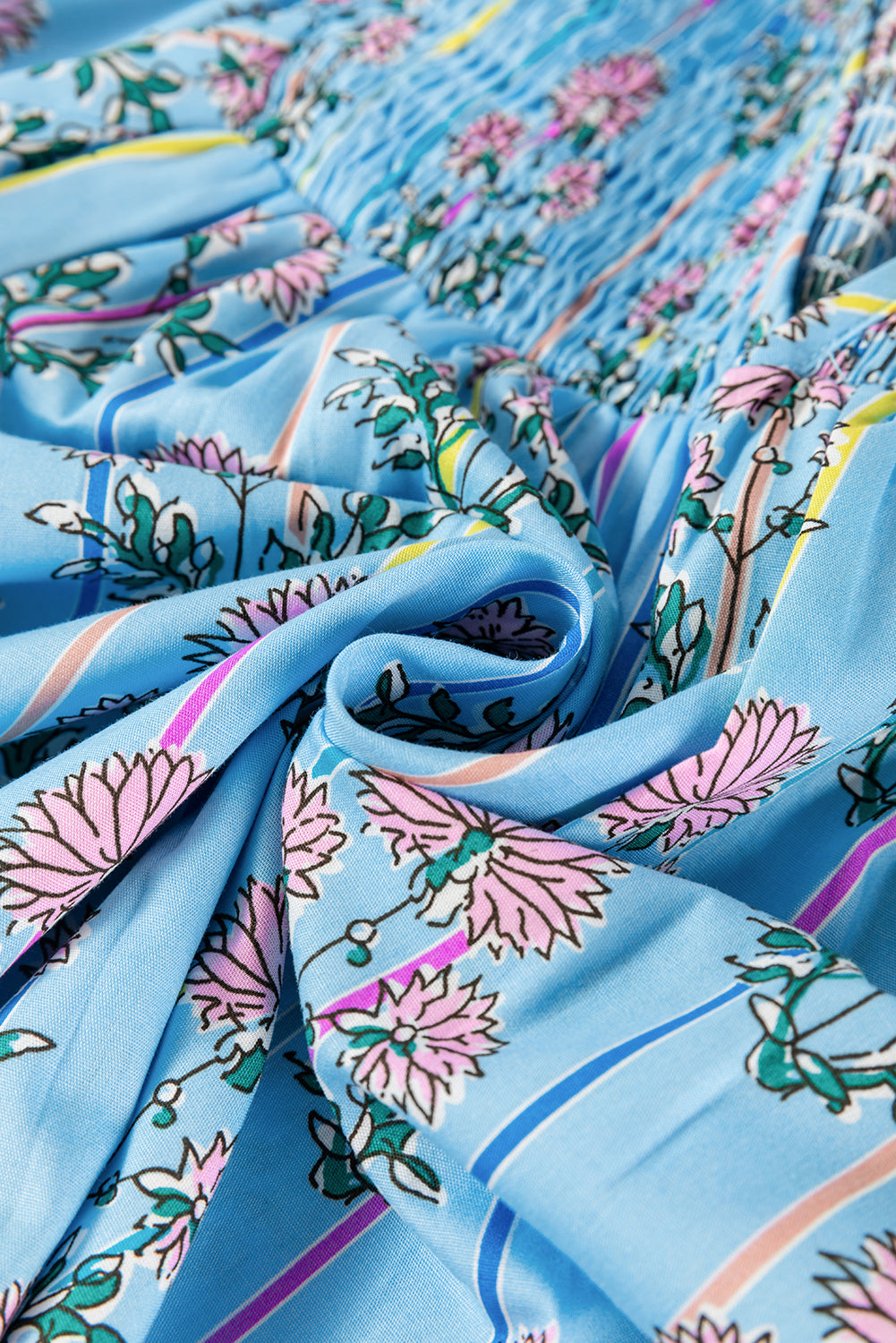 Sky Blue Floral Striped Print Shirred Yoke Split Neck Blouse