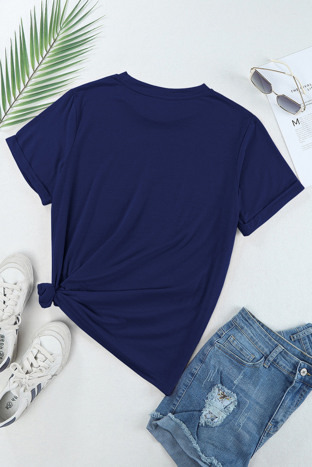 Blue Rhinestone Star Graphic Crewneck T Shirt