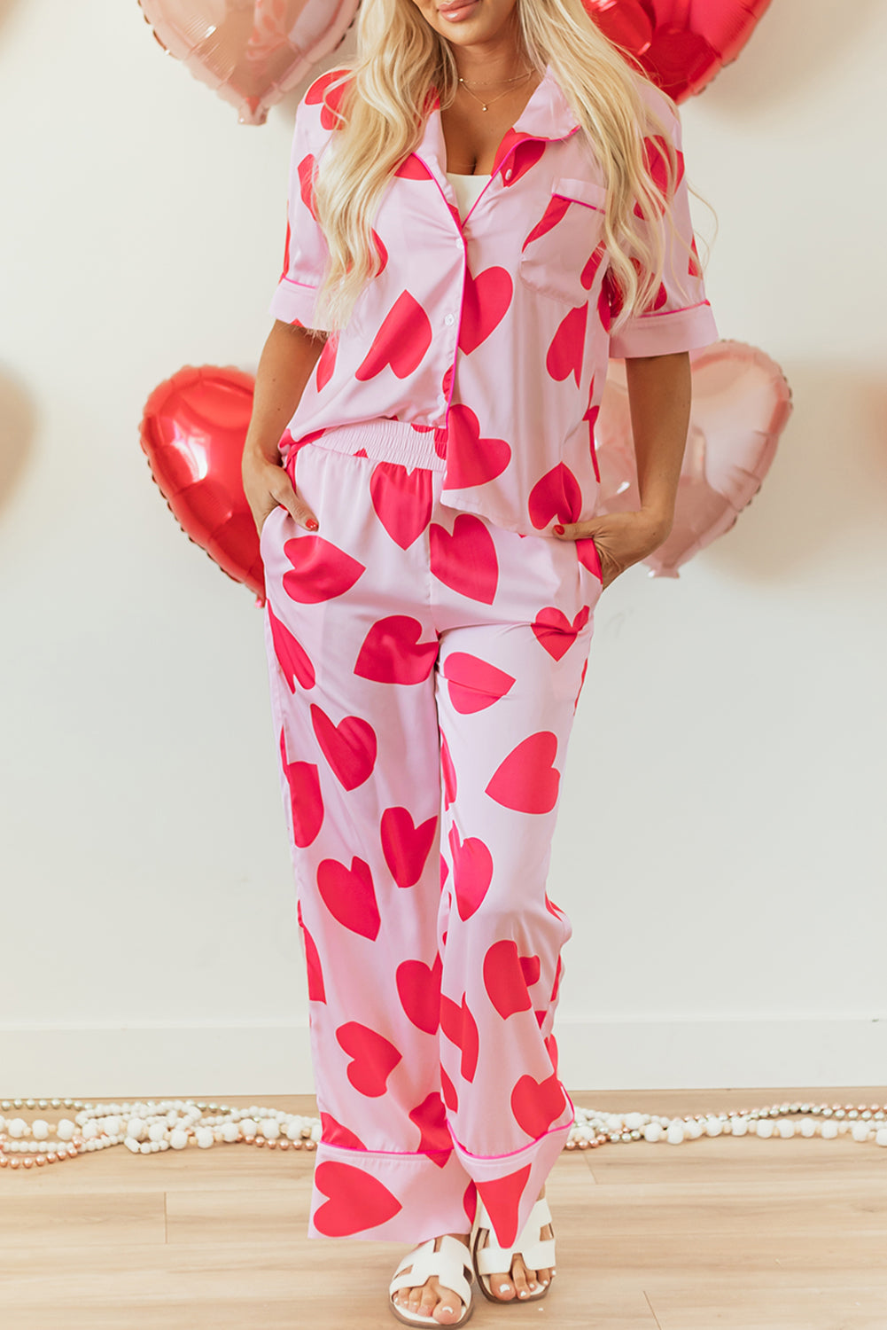 Pink Classic Heart Valentines Short Sleeve Pants Pajamas Set