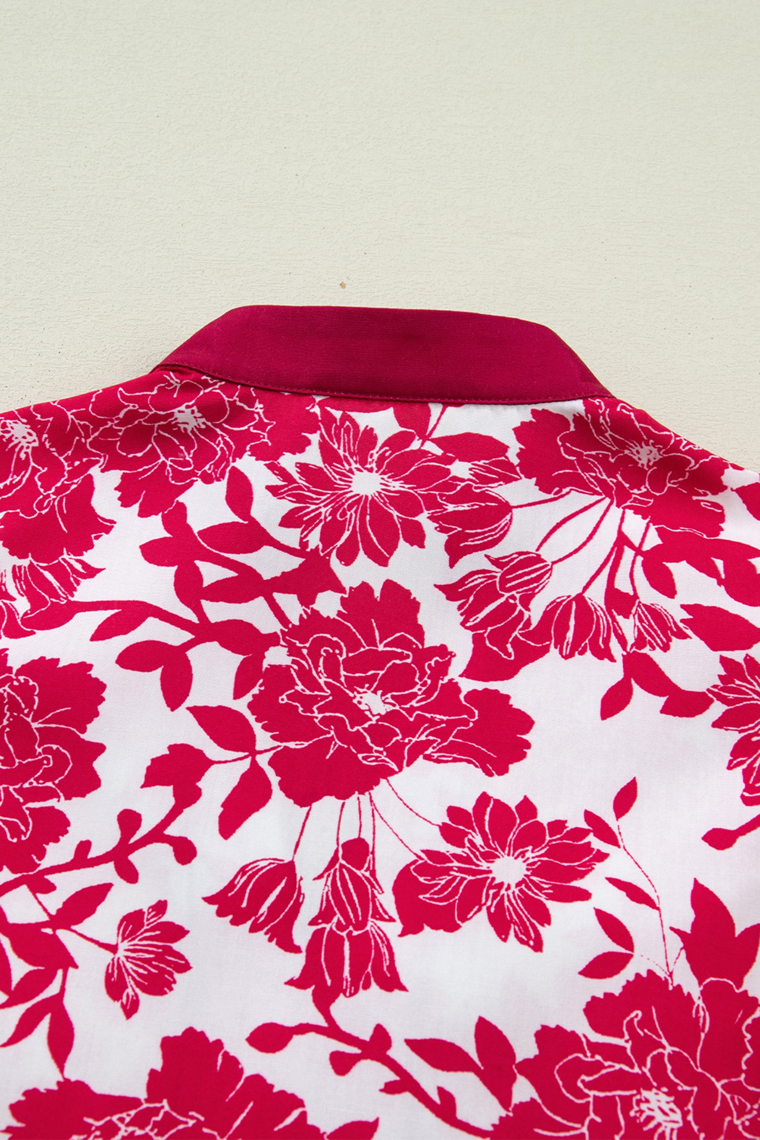 Red Floral Print Color Block Trim Lace Detail V Neck Flutter Sleeve Blouse