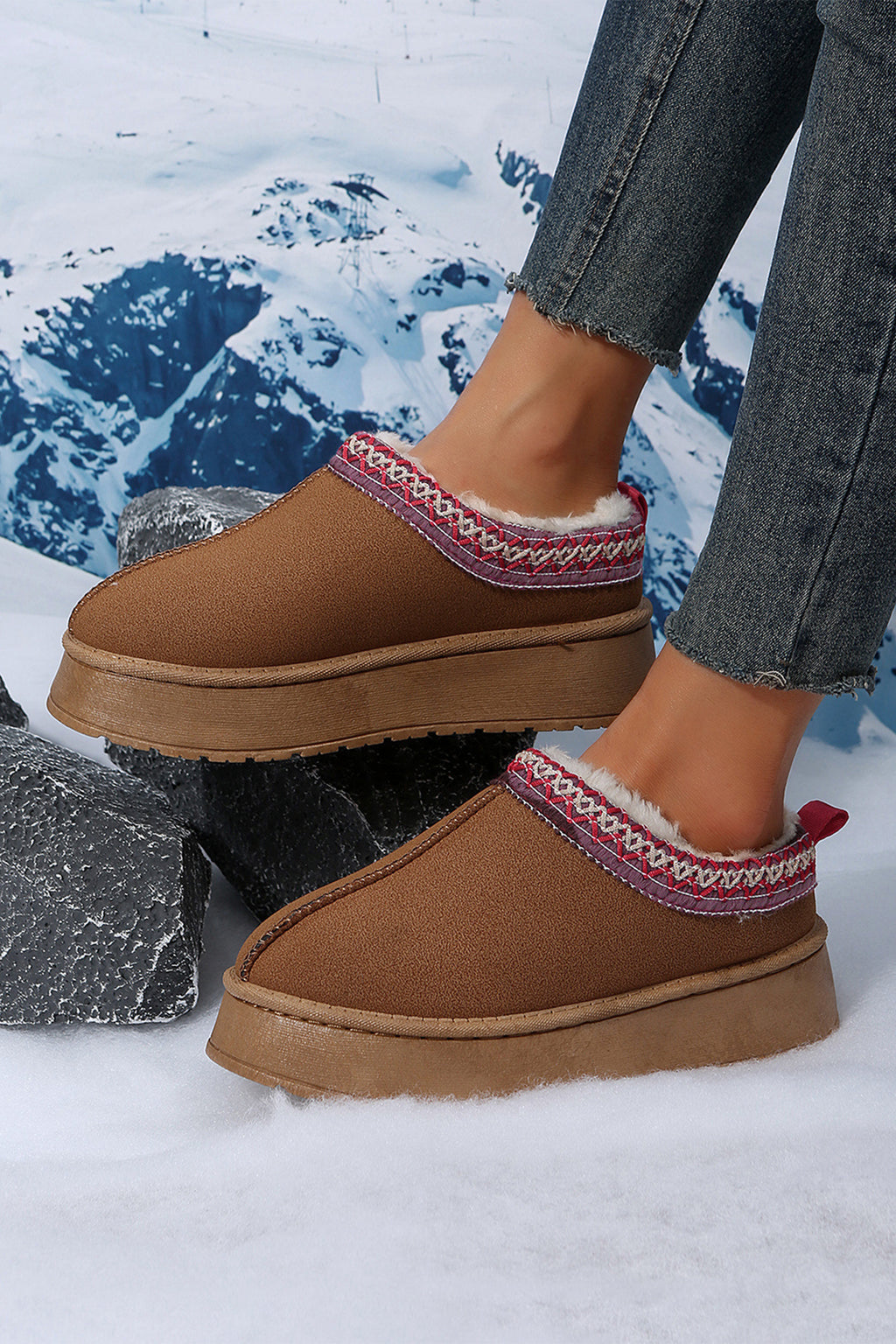 Chestnut Faux Suede Embroidered Detail Plush Lined Platform Slippers